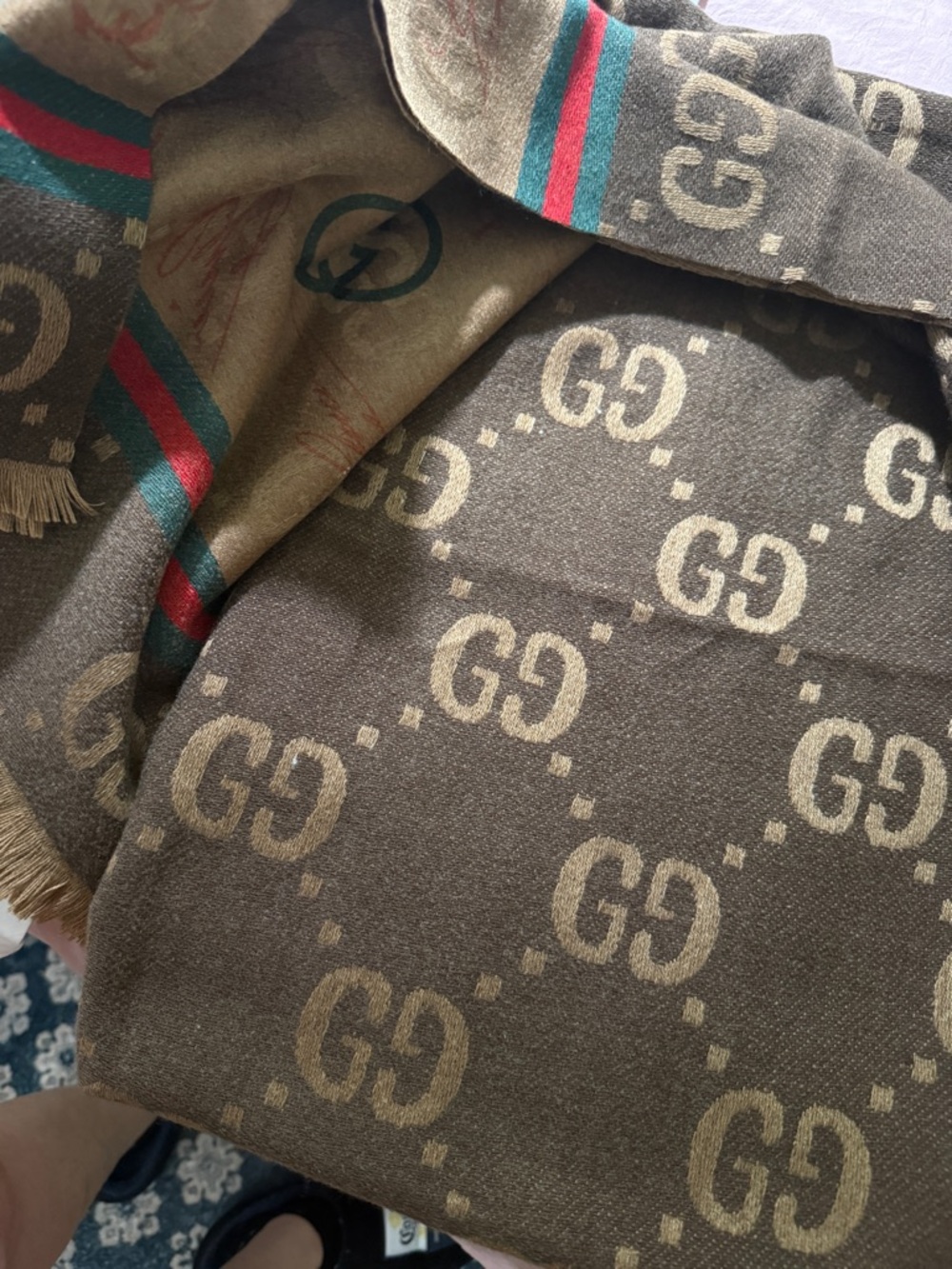 Gucci Brown & Beige GG Logo Wool Scarf with Signature Red-Green Stripe